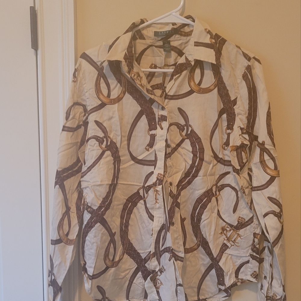 Ralph Lauren Beige Brown Gold Long Sleeve Cotton Printed Logo Button Shirt Top